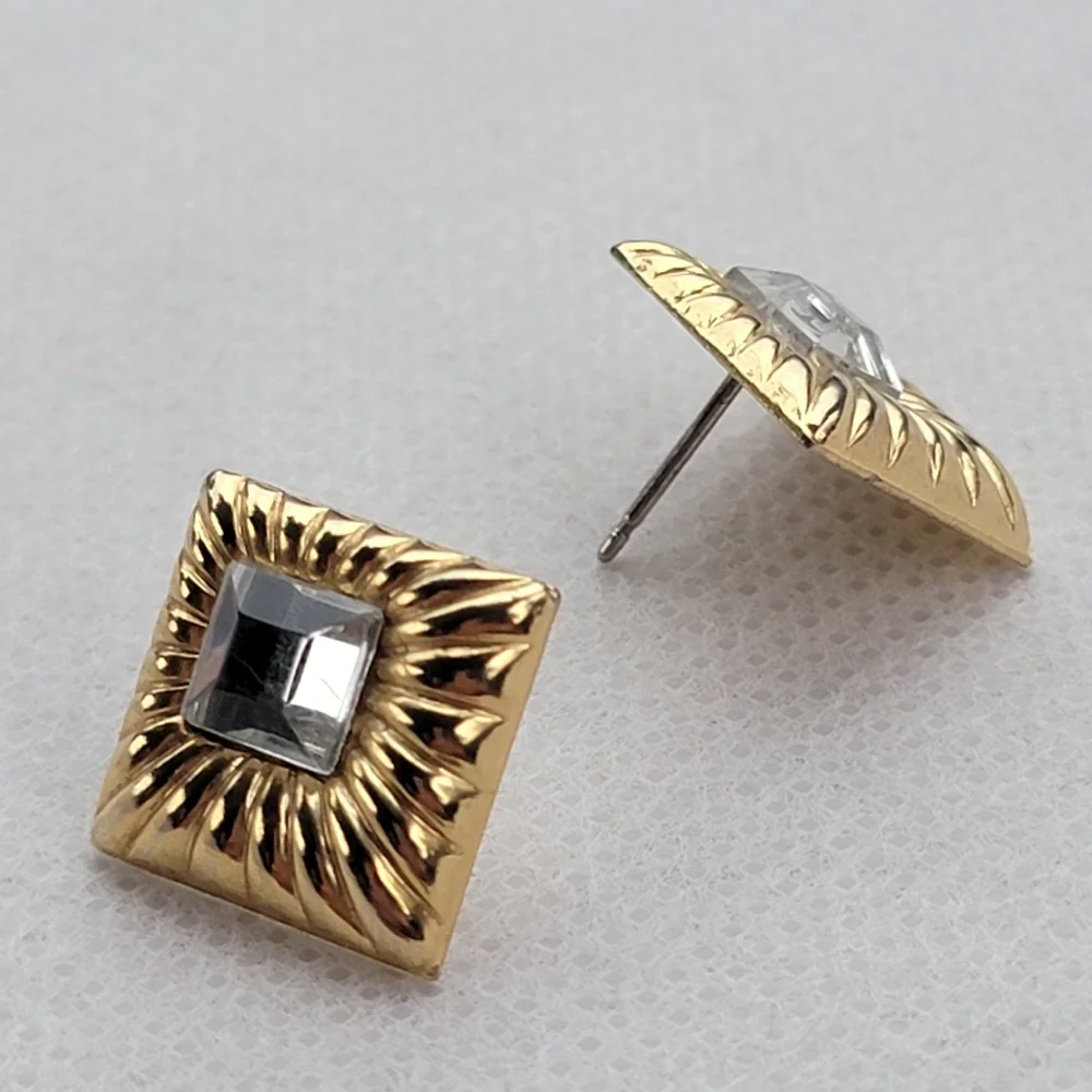 Vintage Classic Gold Square Rhinestone Earrings